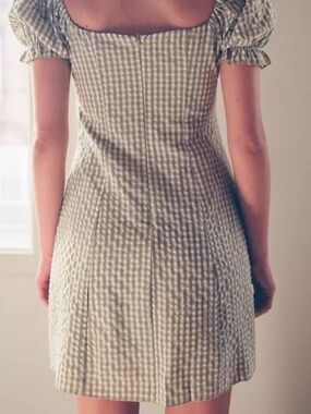 Guess Sage Green Gingham Puff-Sleeve Mini Dress